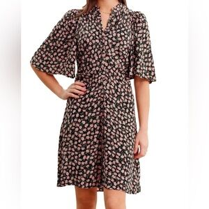 by TiMo Black & Pink Floral Summer Button Down Flutter Sleeve Mini Dress